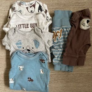 Carter’s Newborn Outfit Set- 2 short, 2 long sleeve, 2 pants. Brown & Blue Puppy